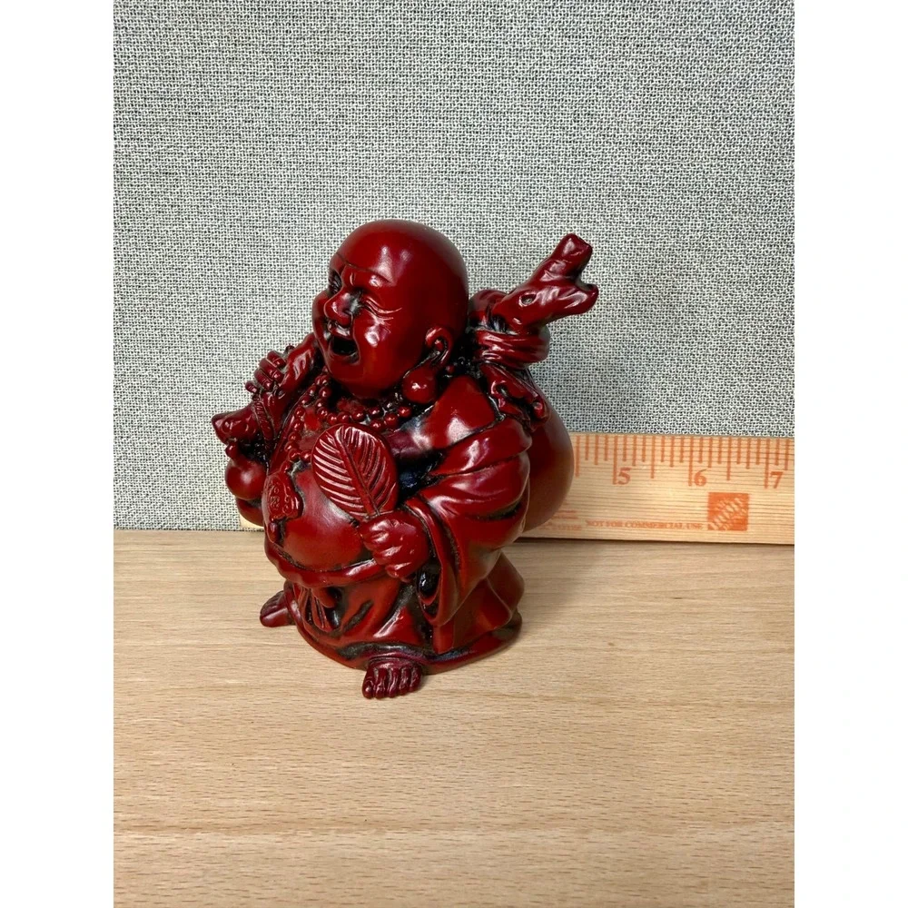 Vintage Red Cinnabar‎ Resin Laughing Buddha Hotei Statue Good Luck Figurine 5